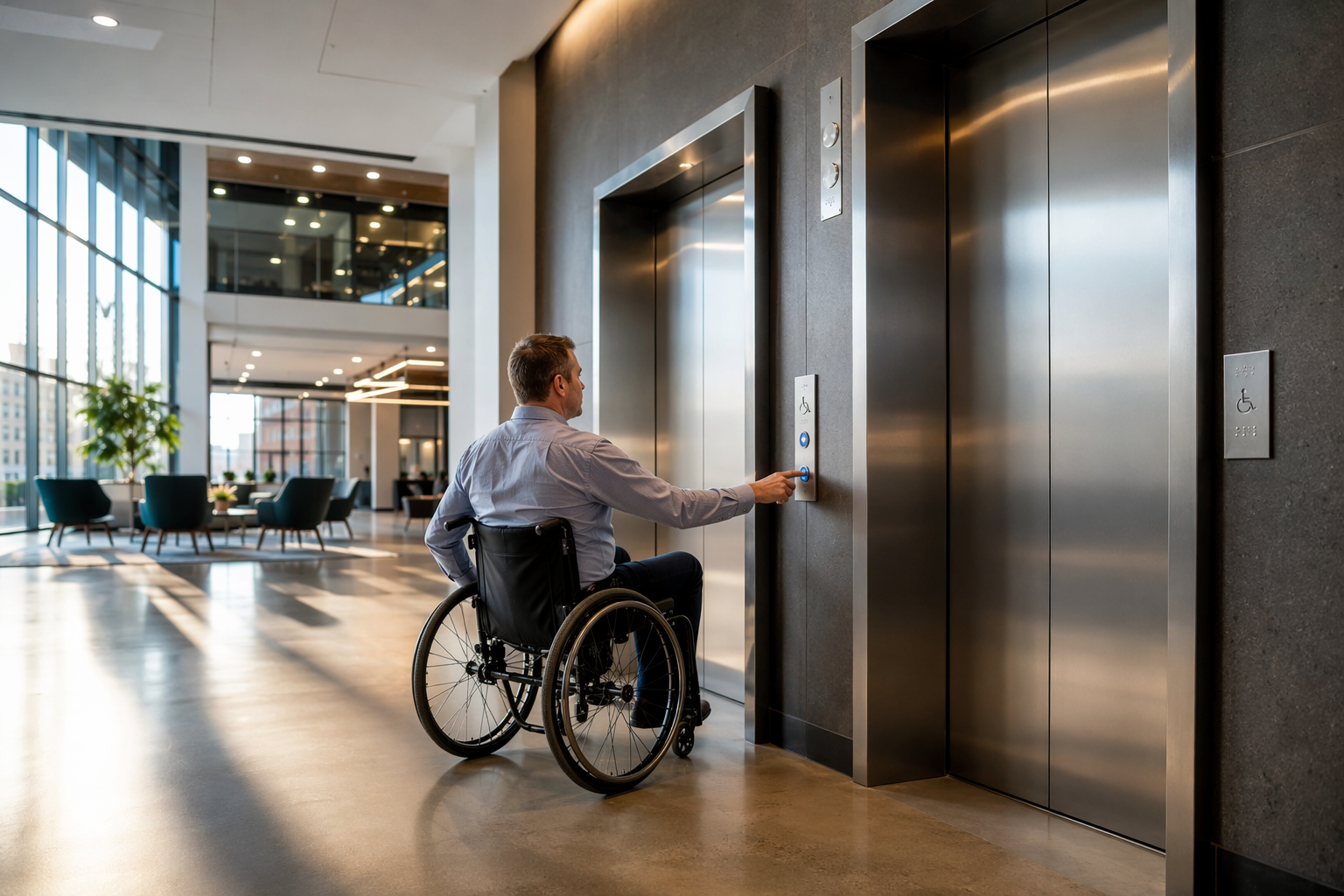 ADA-compliant elevator entrance in a Columbia SC commercial office building showing Braille signage on hoistway jambs and illuminated call buttons at accessible height
