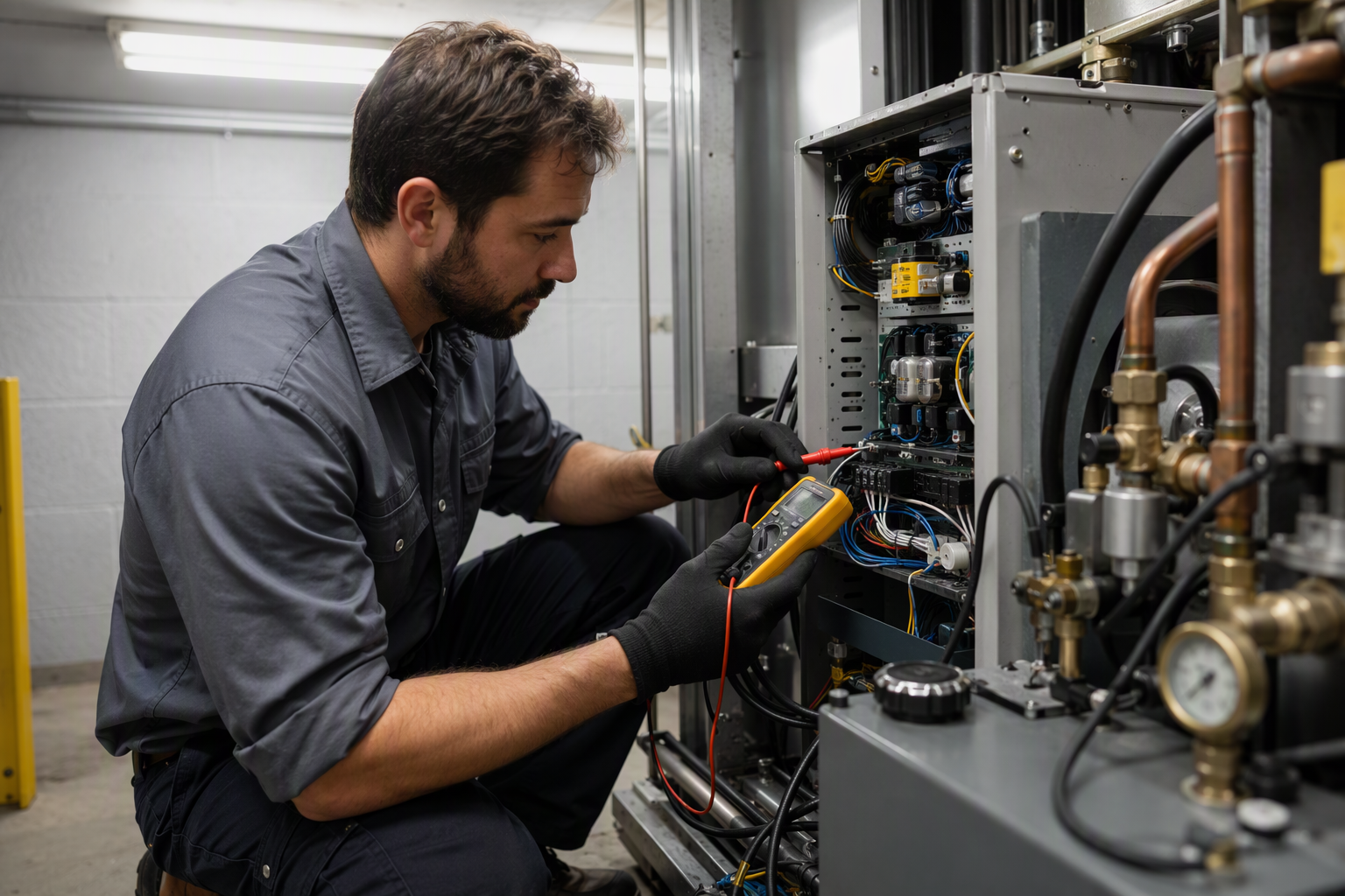 Hydraulic Elevator Machine-Room Inspection Elevator technician inspecting hydraulic controller in a commercial building machine room, a key factor in annual elevator maintenance cost per year