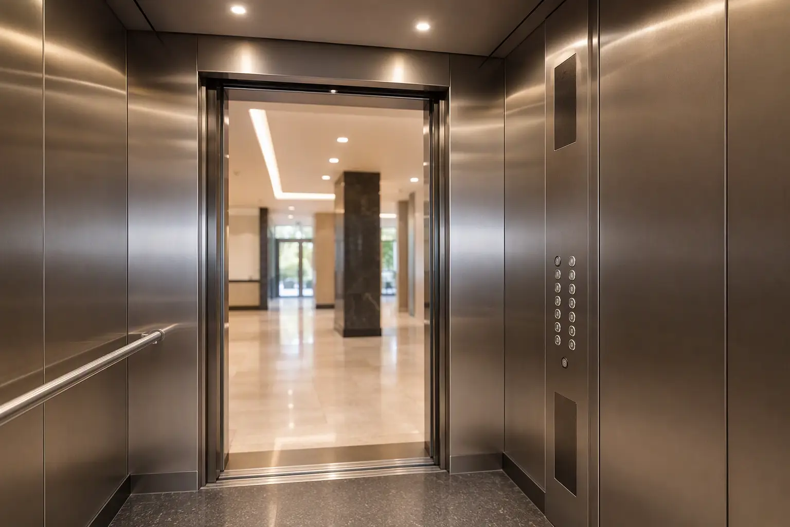 Modernized Elevator Cab Interior Modernized commercial elevator cab interior with LED lighting and new stainless fixtures, reflecting how equipment age and upgrades affect elevator maintenance cost