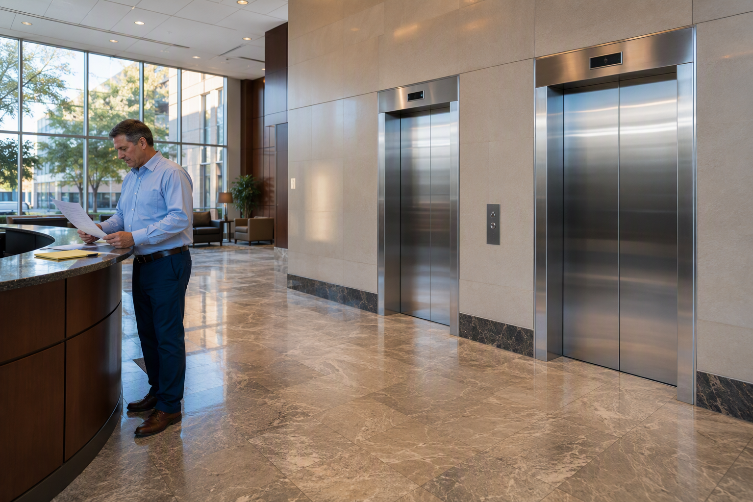 Commercial Elevator Maintenance Cost Review Building manager reviewing commercial elevator maintenance cost proposals in a Columbia SC office building lobby with stainless-steel elevator doors visible in background