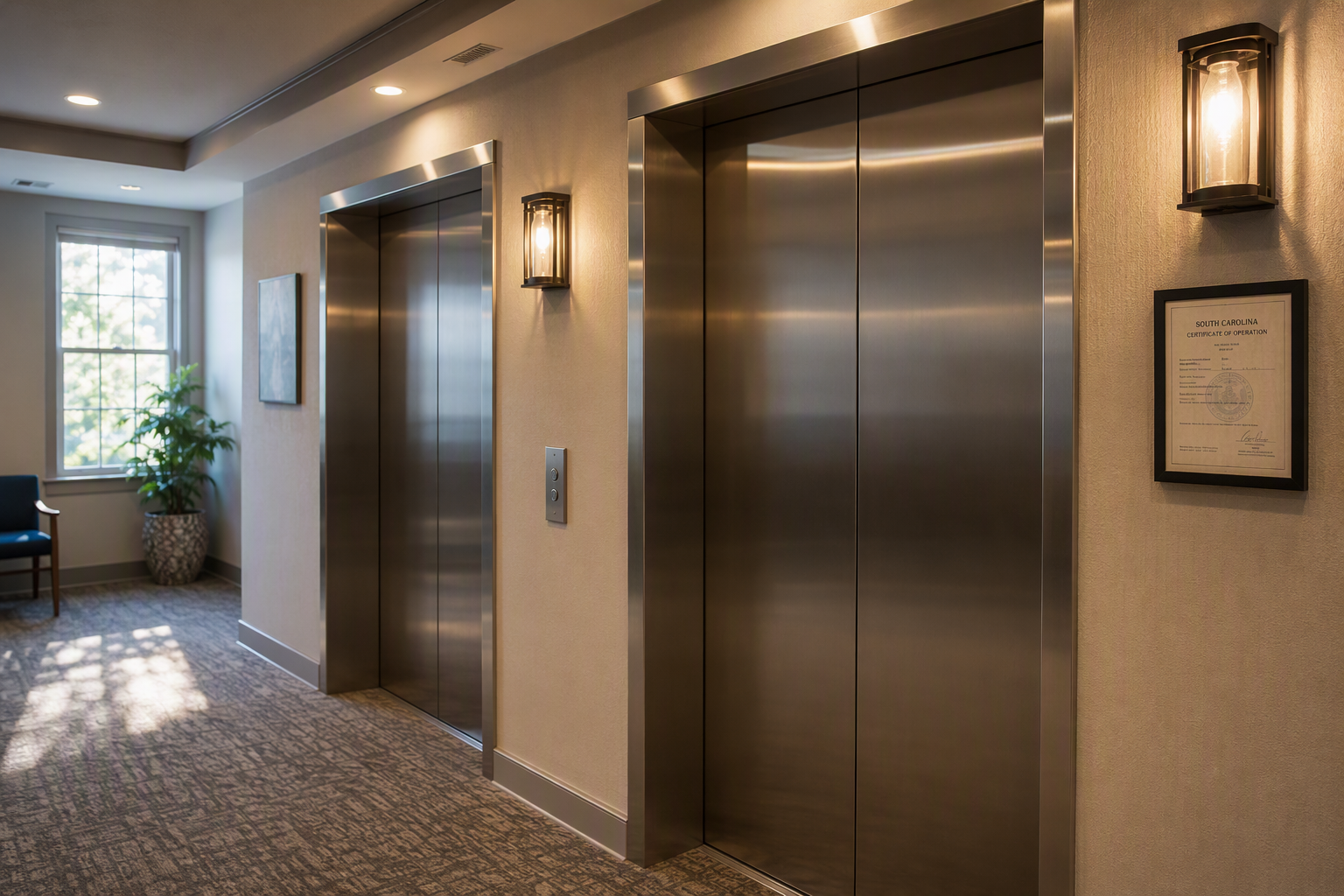 Apartment building elevator bank with stainless-steel doors and South Carolina certificate of operation posted in residential hallway, Columbia SC