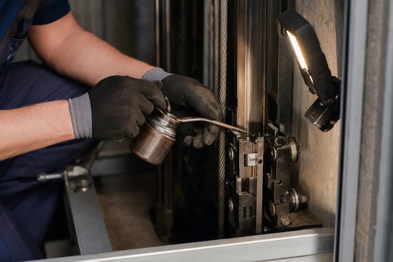 Elevator technician lubricating guide rail during preventive maintenance service on apartment building elevator, part of a scheduled maintenance program