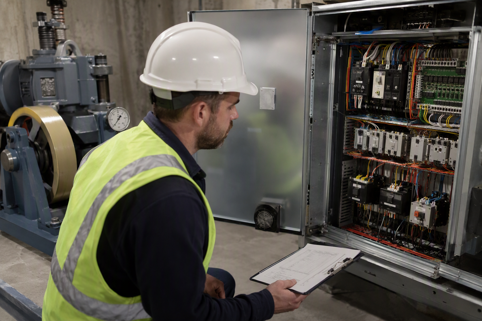 Certified elevator inspector reviewing machine-room controller documentation during mandatory annual inspection for apartment building elevator compliance