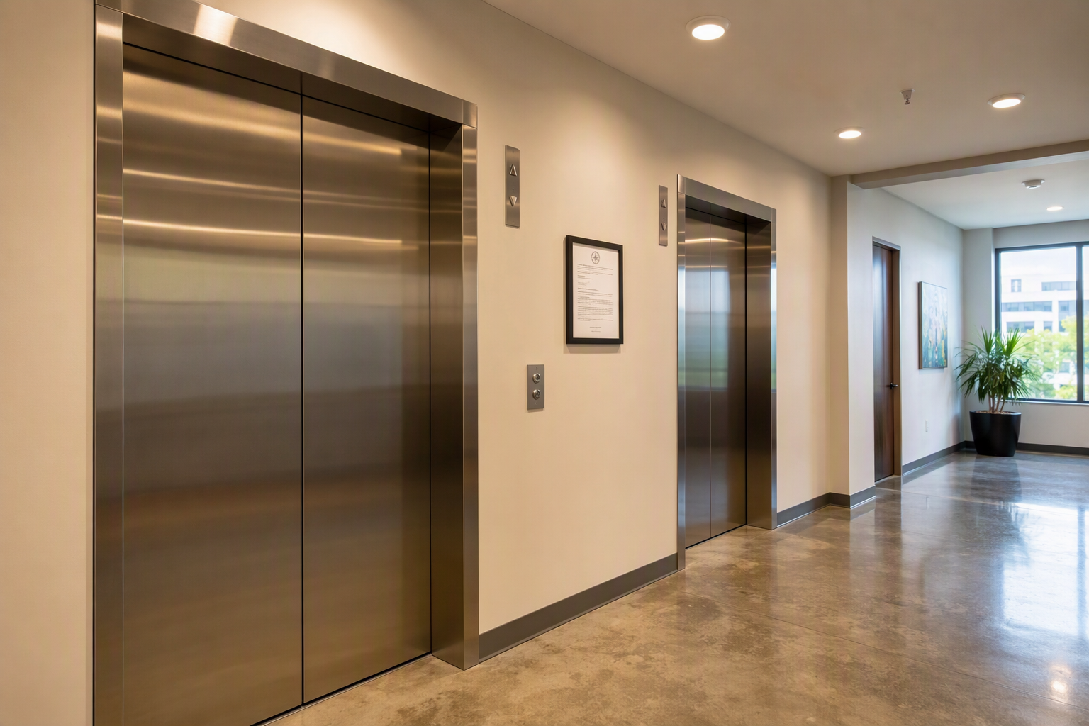 ASME A17.1 Compliant Elevator Lobby Commercial elevator lobby in a Columbia SC office building showing brushed stainless steel elevator doors and a posted ASME A17.1 inspection certificate on the wall.