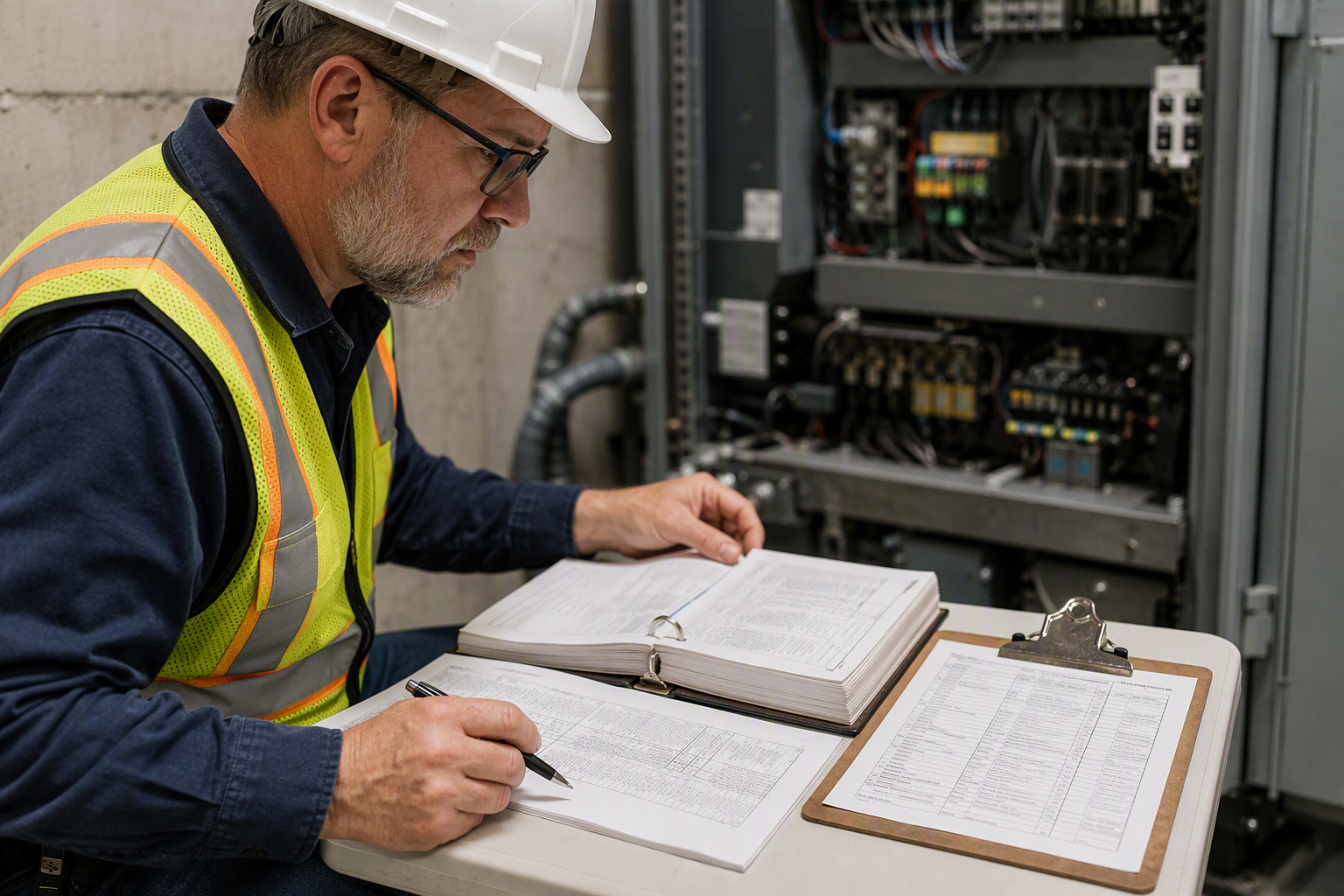 Inspector Reviewing ASME A17.1 Code Standards Elevator inspector reviewing ASME A17.1 code documentation and inspection checklist in a commercial elevator machine room in South Carolina.