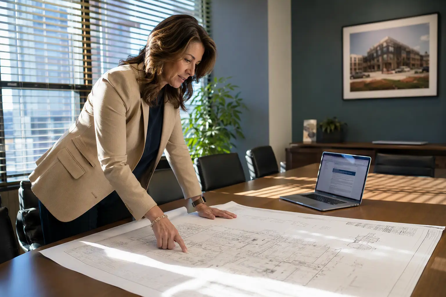 Building Owner Navigating SC Elevator Code Compliance Building manager in a Columbia SC property management office reviewing elevator permit drawings and South Carolina ASME A17.1 code adoption requirements.