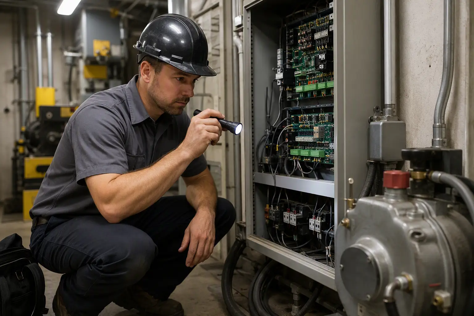 Machine Room Control Panel Inspection Elevator technician inspecting a hydraulic control panel inside a commercial building machine room during a routine elevator service maintenance visit.