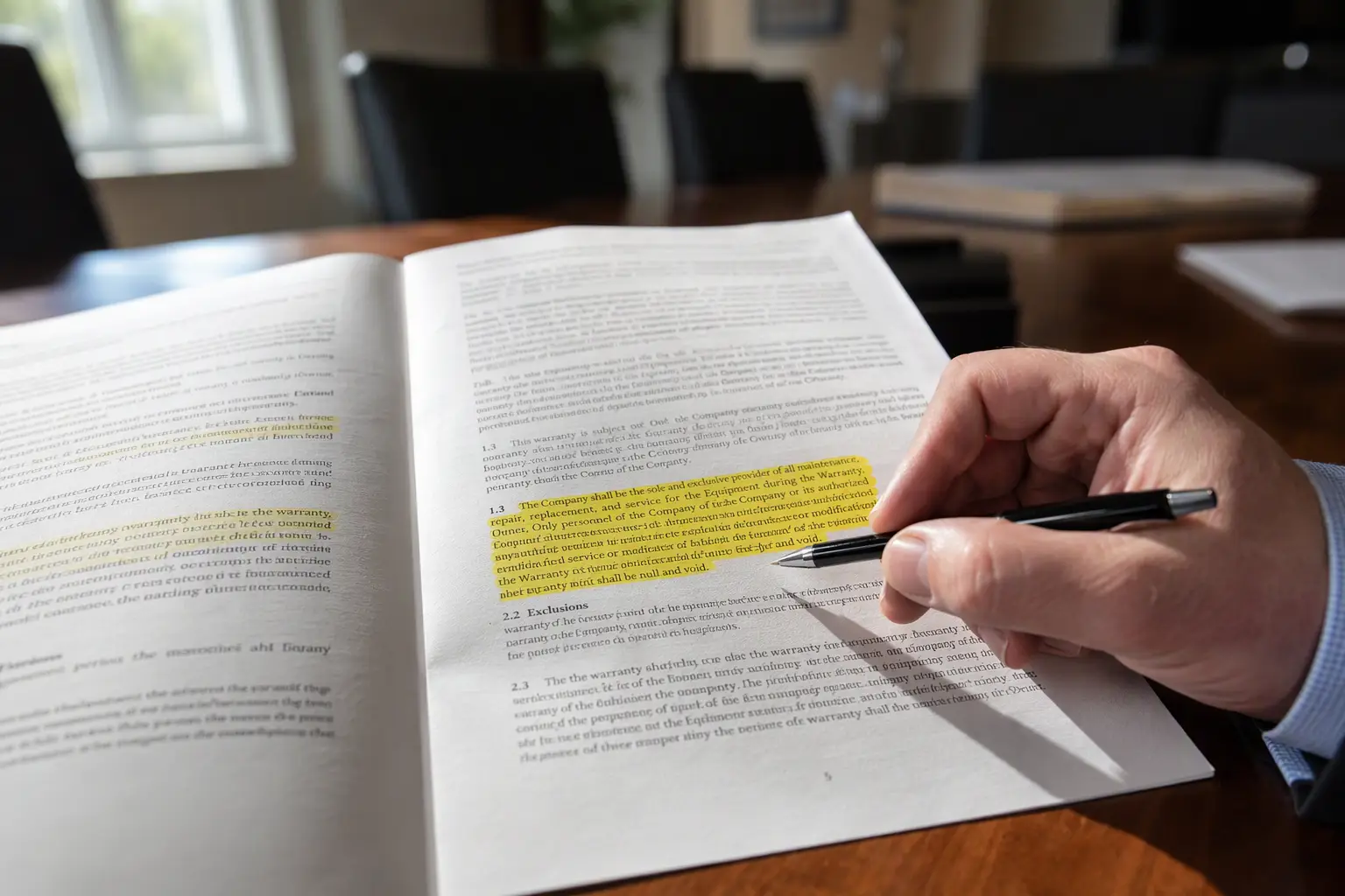 Elevator Warranty Exclusivity Clause Under Review Elevator warranty document open on a conference table with a maintenance exclusivity clause highlighted, illustrating key contract language affecting third-party service rights.