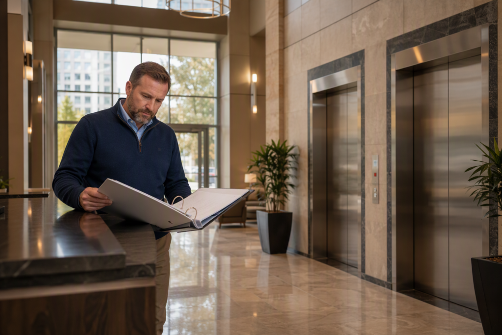 Building manager reviewing elevator warranty documents in a Columbia SC office lobby, evaluating third-party maintenance options before switching providers.