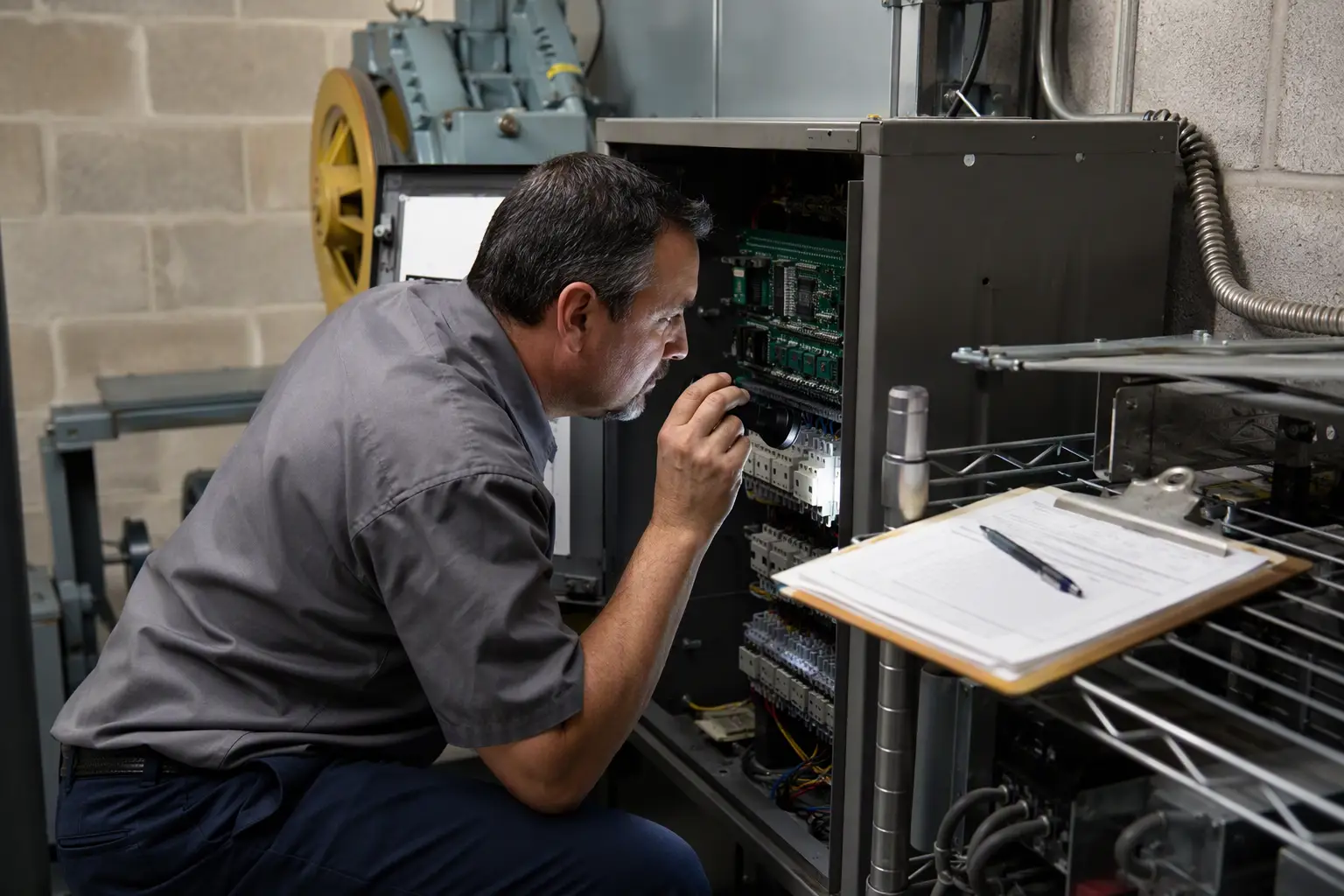 Third-Party Elevator Technician Documenting Machine Room Service Elevator technician inspecting machine room controller and reviewing maintenance records, demonstrating third-party service documentation practices required by South Carolina regulations.