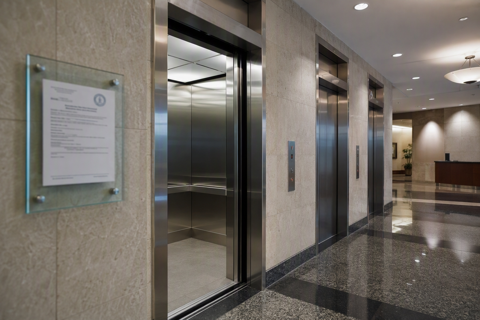 Commercial elevator lobby in a Columbia SC office building showing three stainless-steel elevator doors and a posted safety inspection certificate — elevator accident statistics context