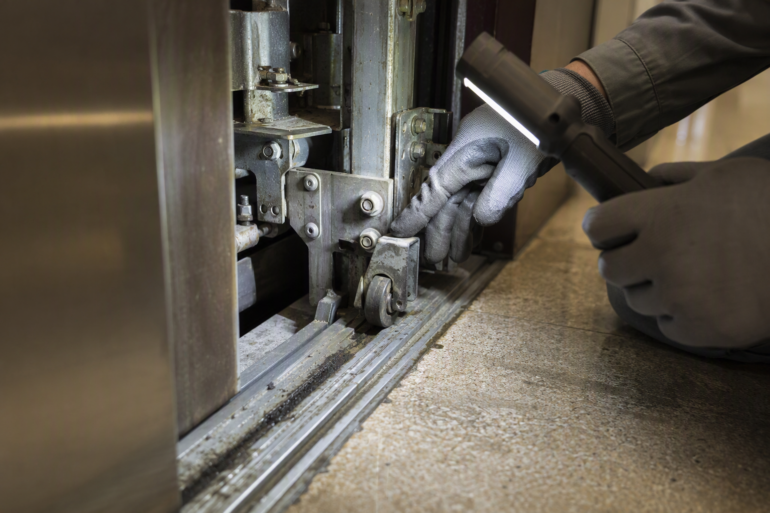 Elevator technician inspecting worn door roller and operator mechanism — door malfunctions are a leading cause in elevator accident statistics