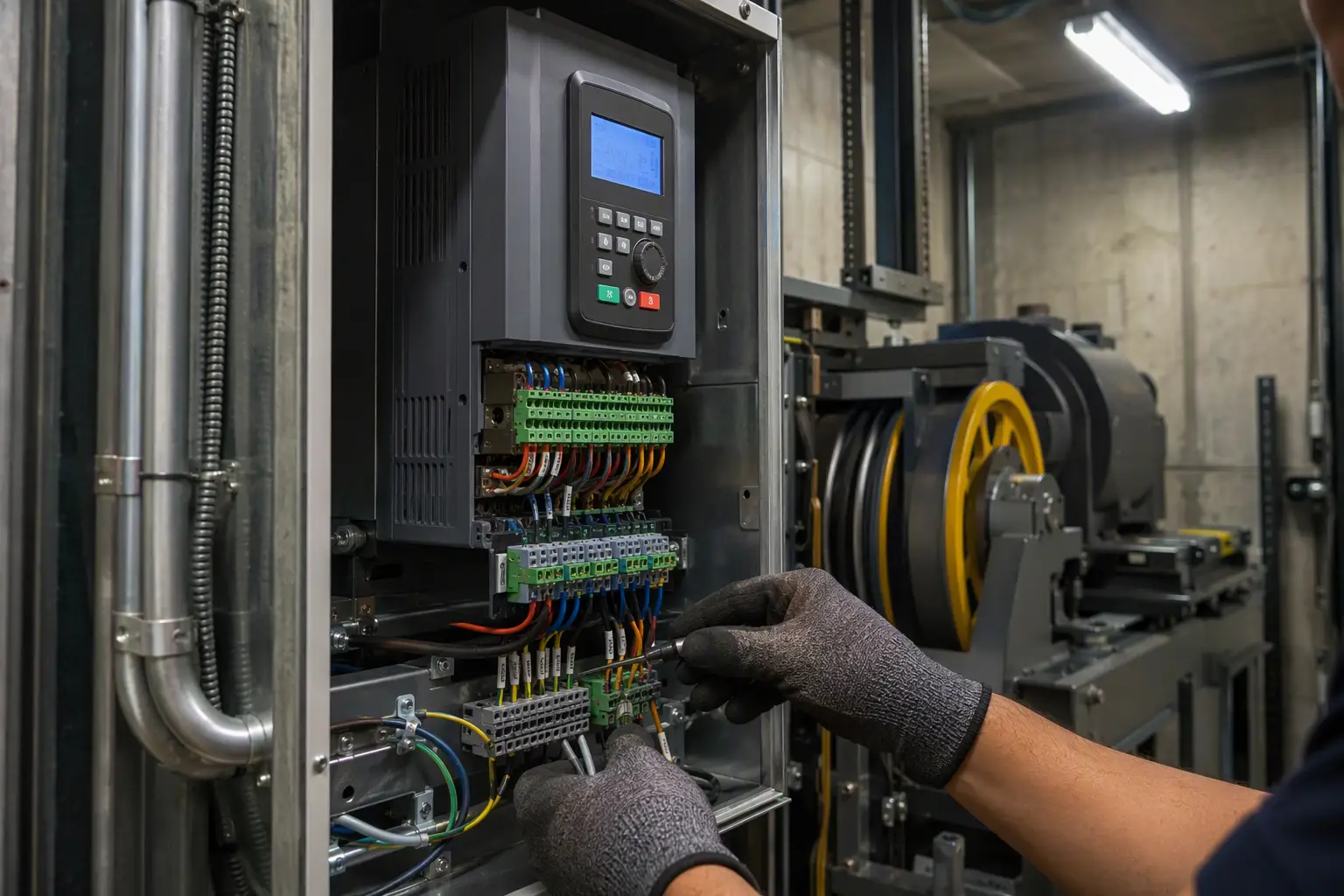 Technician servicing a modern VVVF drive controller during a capital elevator modernization project in a South Carolina healthcare facility machine room.