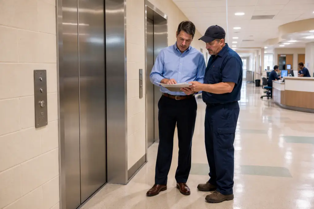 Hospital facility director and elevator technician reviewing capital budget plans beside stainless-steel elevator doors in a Columbia SC healthcare facility.