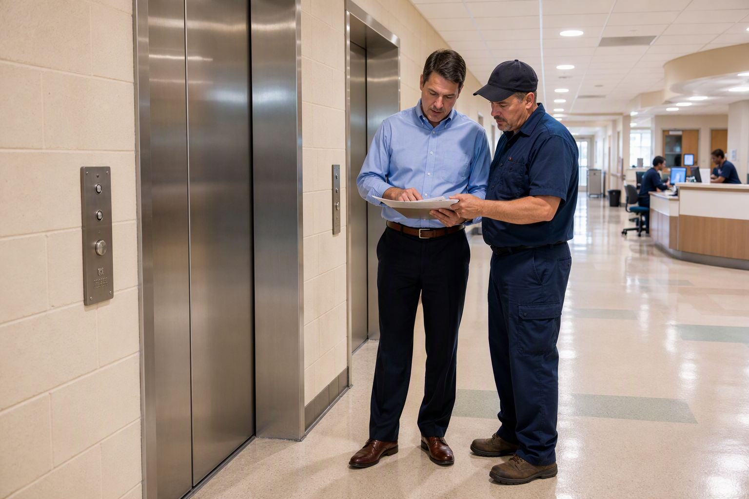 Hospital facility director and elevator technician reviewing capital budget plans beside stainless-steel elevator doors in a Columbia SC healthcare facility.