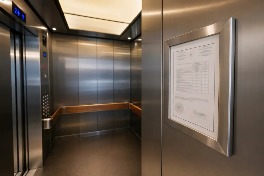 Elevator certificate of compliance displayed in a framed mount inside a commercial elevator cab in a Columbia SC office building