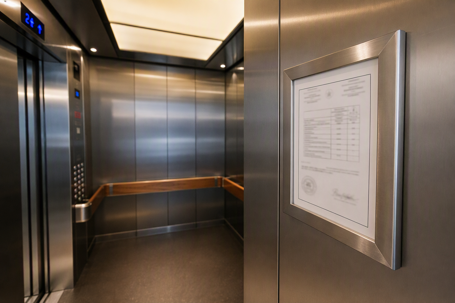 Elevator certificate of compliance displayed in a framed mount inside a commercial elevator cab in a Columbia SC office building