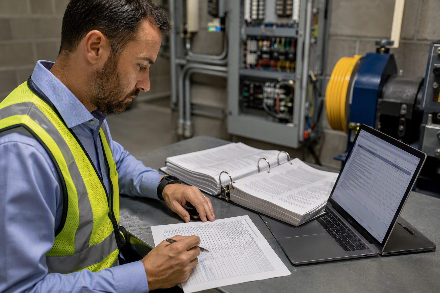 Licensed elevator inspector reviewing ASME A17.1 compliance documentation and checklist in a commercial elevator machine room