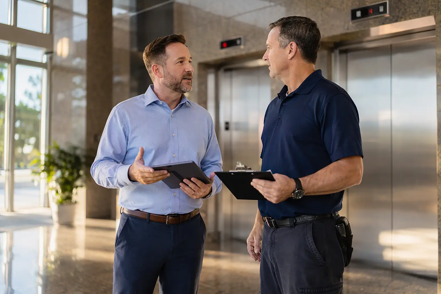 Building facilities manager consulting with an elevator service technician in a Columbia SC commercial building lobby about inspection scheduling