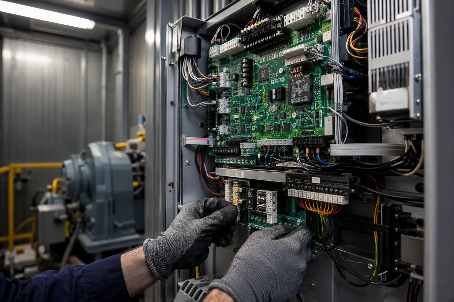 ASME Elevator Controller Inspection Licensed elevator mechanic inspecting ASME A17.1 compliant controller in apartment building machine room during South Carolina code compliance check