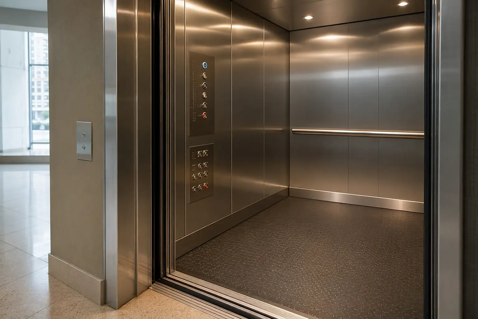 ADA-Compliant Elevator Cab Interior ADA compliant elevator cab interior in multifamily apartment building showing accessible control panel with Braille buttons and door reopening device