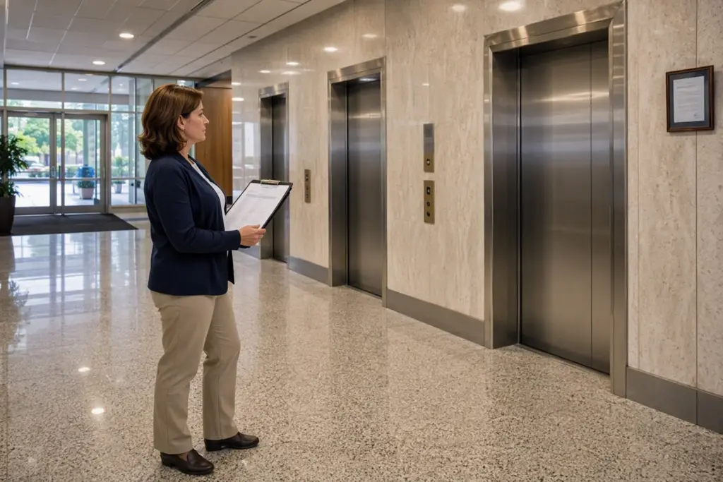 Building property manager reviewing elevator code update compliance documents in a Columbia SC office building lobby with elevator doors visible behind her