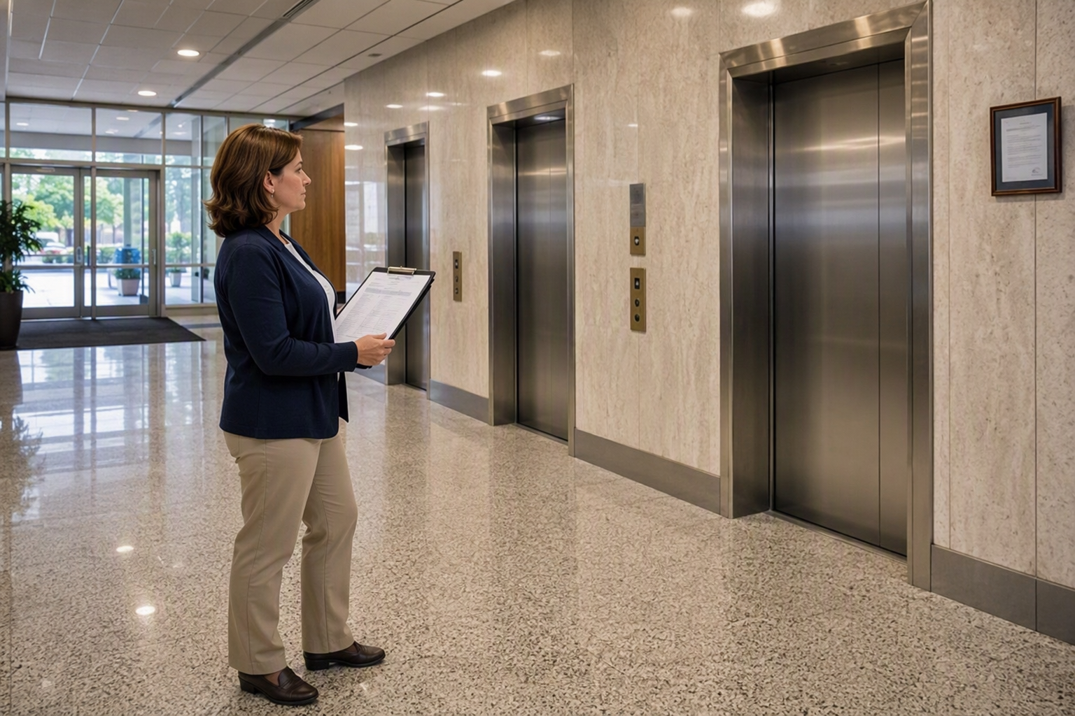Building property manager reviewing elevator code update compliance documents in a Columbia SC office building lobby with elevator doors visible behind her