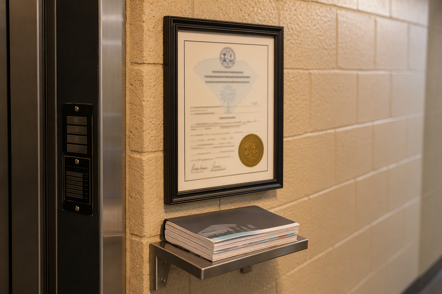 South Carolina elevator certificate of operation mounted on wall beside ASME A17.3 code reference, representing core elevator code compliance requirements for existing buildings