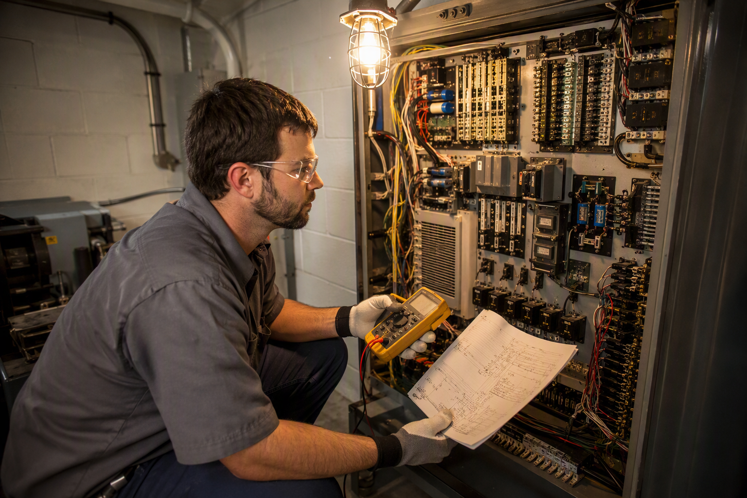 Elevator technician inspecting controller cabinet in machine room during a code-triggered upgrade, illustrating ASME A17.3 alteration requirements for existing South Carolina elevators