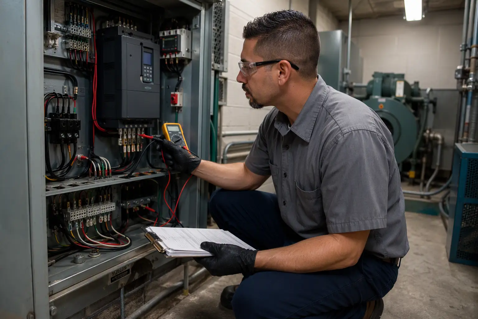 Elevator technician performing preventive maintenance on a traction elevator controller in a South Carolina school machine room to support ongoing ADA elevator compliance