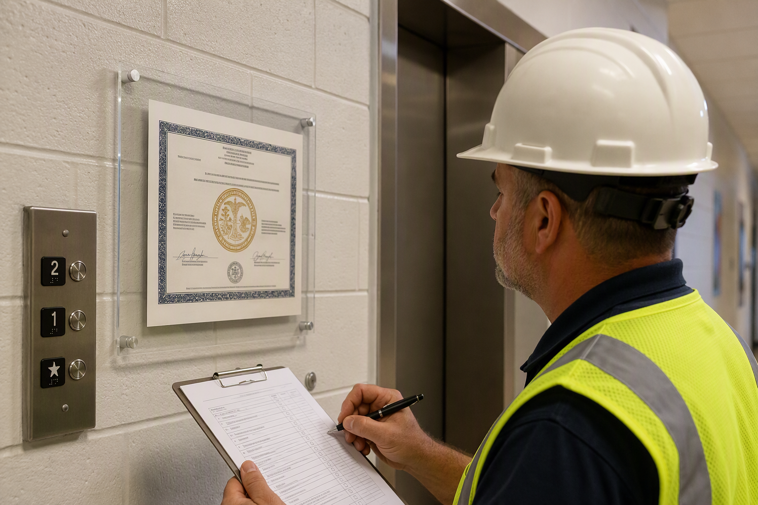 Licensed elevator inspector reviewing SC LLR certificate of operation posted outside a school elevator, a required step in South Carolina school elevator compliance