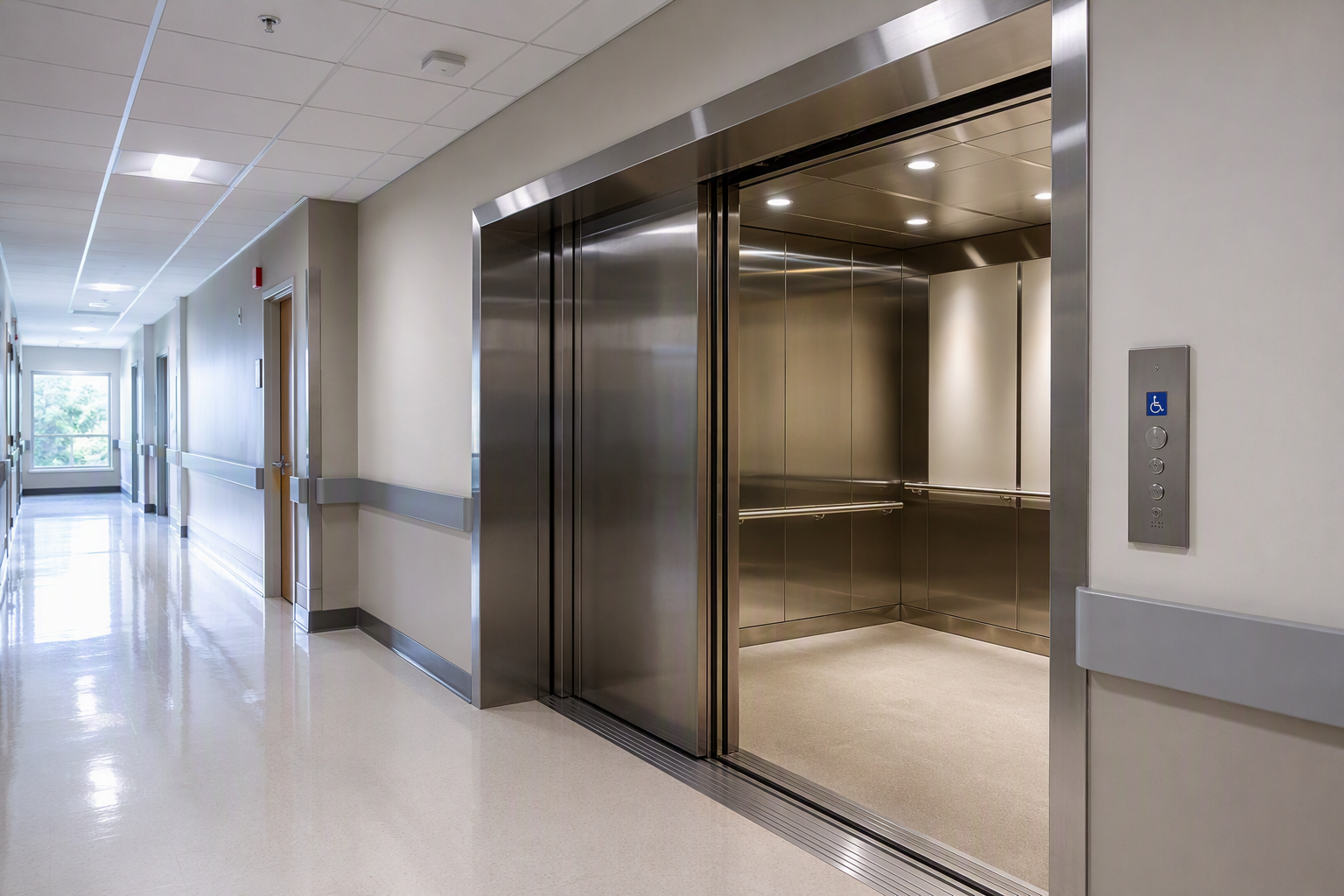 Wide hospital corridor elevator lobby in Columbia SC showing open stainless-steel cab, ADA call panel, and handrails — key subjects of an elevator inspection checklist for healthcare facilities.