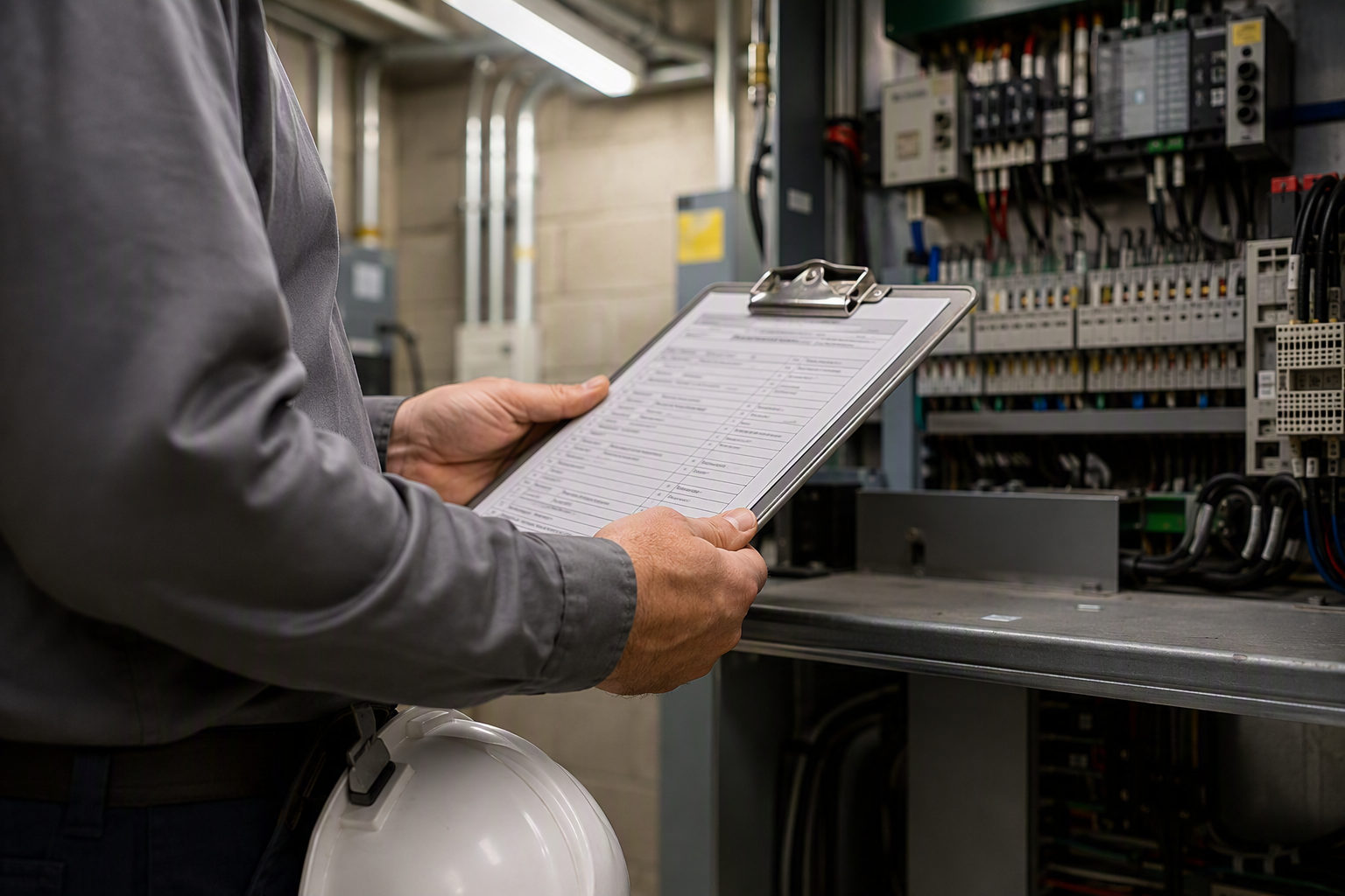 Elevator inspector reviewing a multi-page inspection checklist on a clipboard inside a hospital machine room with a traction elevator controller in the background.