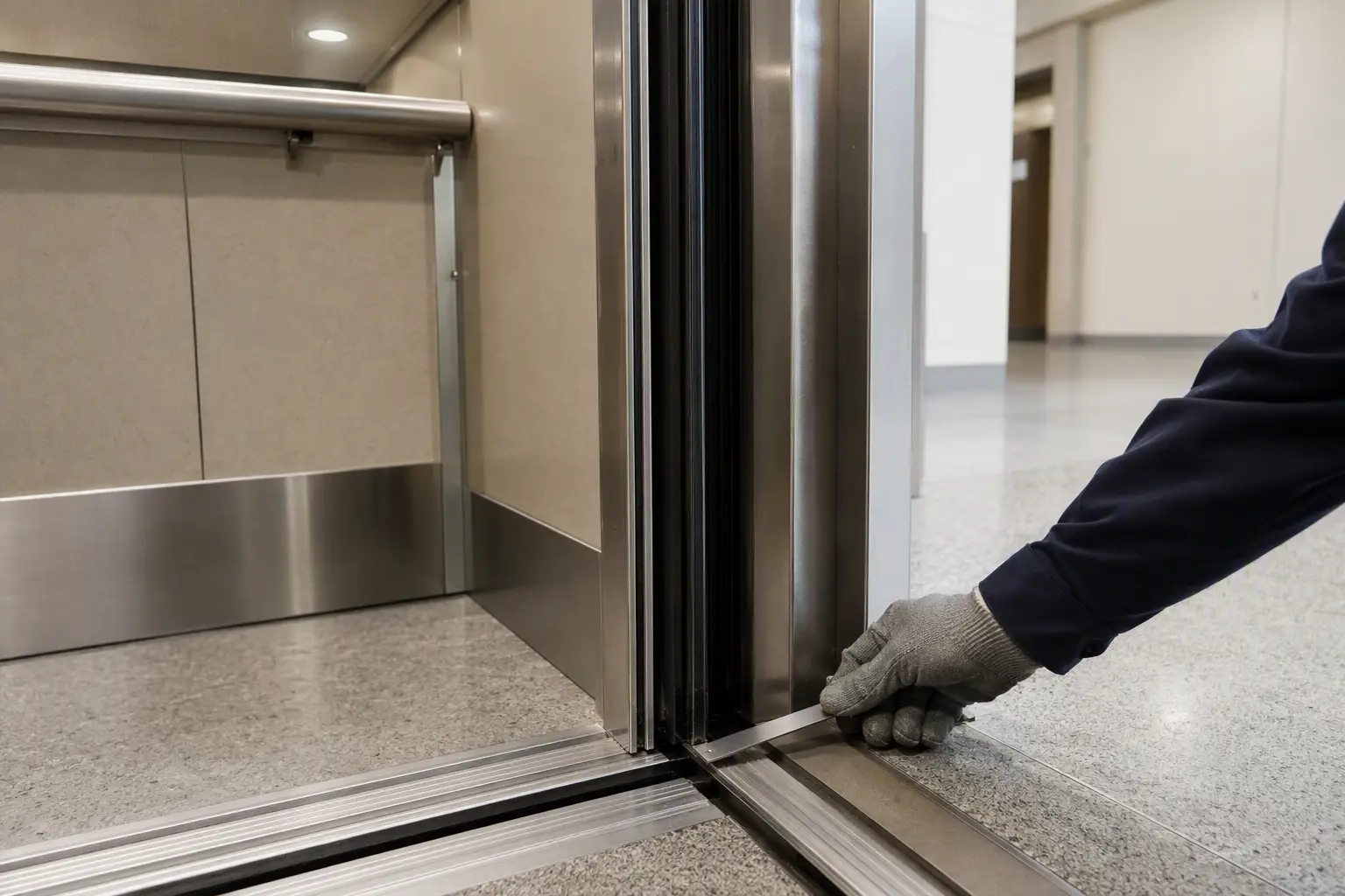 Elevator technician measuring the sill gap at a hospital elevator door threshold with a calibrated gauge during an elevator inspection checklist procedure in a Columbia SC healthcare facility.