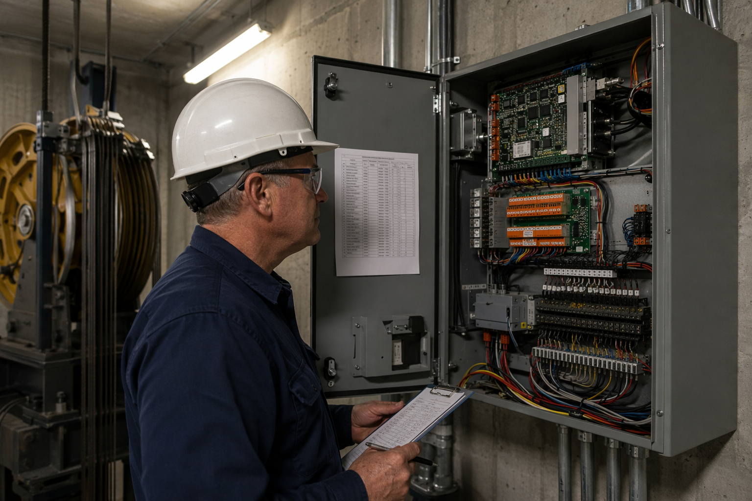 Licensed South Carolina elevator inspector reviewing controller wiring and checklist inside a commercial building machine room during an annual required inspection