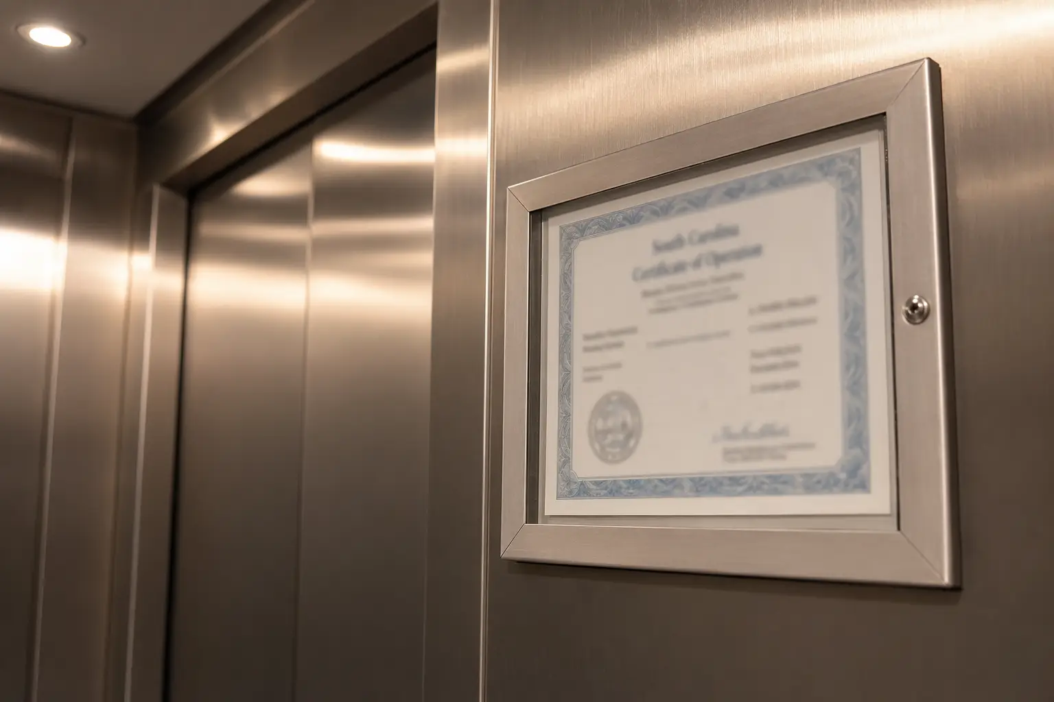South Carolina Certificate of Operation mounted inside a commercial elevator cab, required by state law for legal elevator operation in any public or commercial building