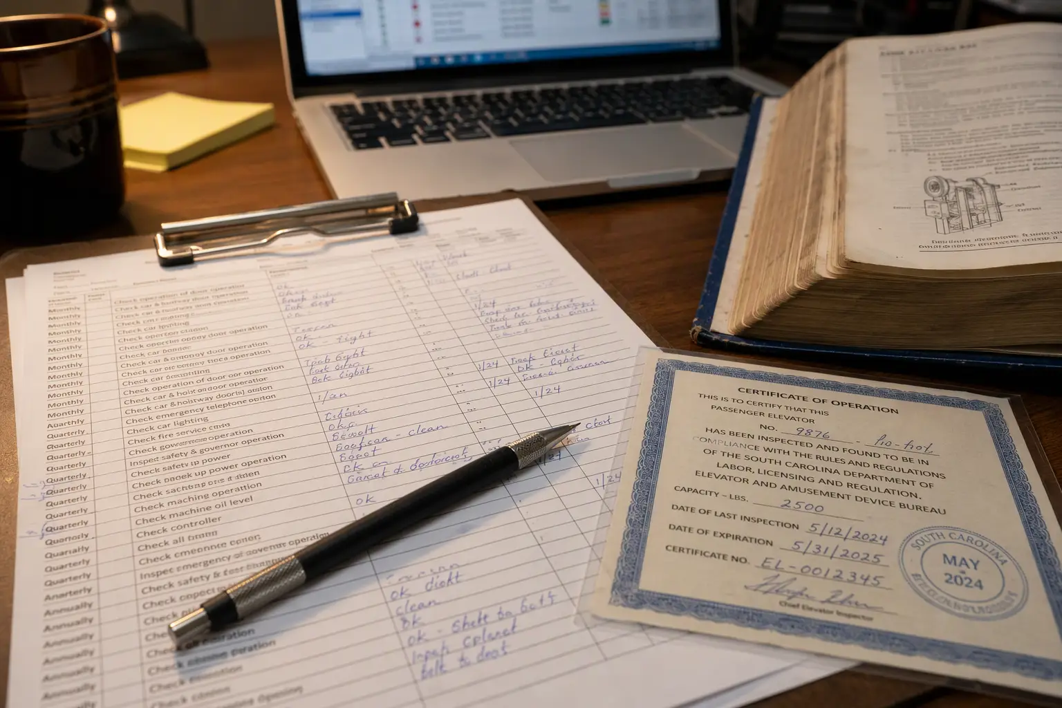 Facility manager reviewing elevator maintenance schedule and South Carolina annual inspection certificate at a hospital administrative desk to minimize unplanned elevator downtime
