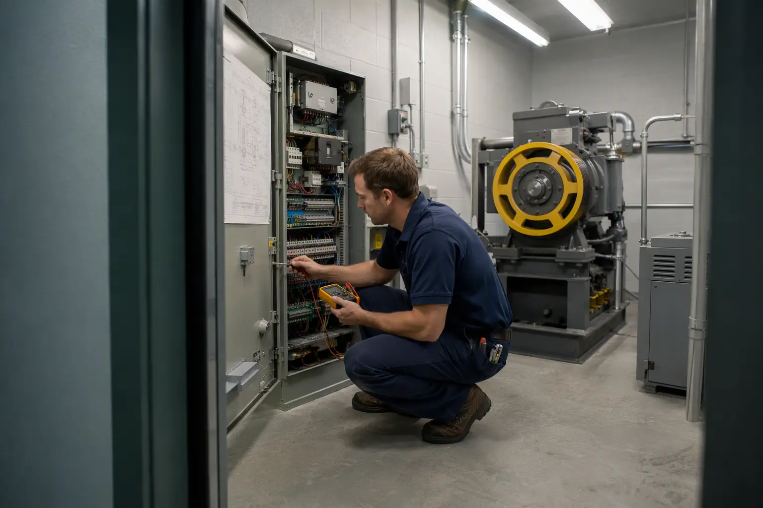 Elevator technician diagnosing a hospital elevator controller in a South Carolina machine room, representing code-compliant elevator repair and maintenance for healthcare facilities