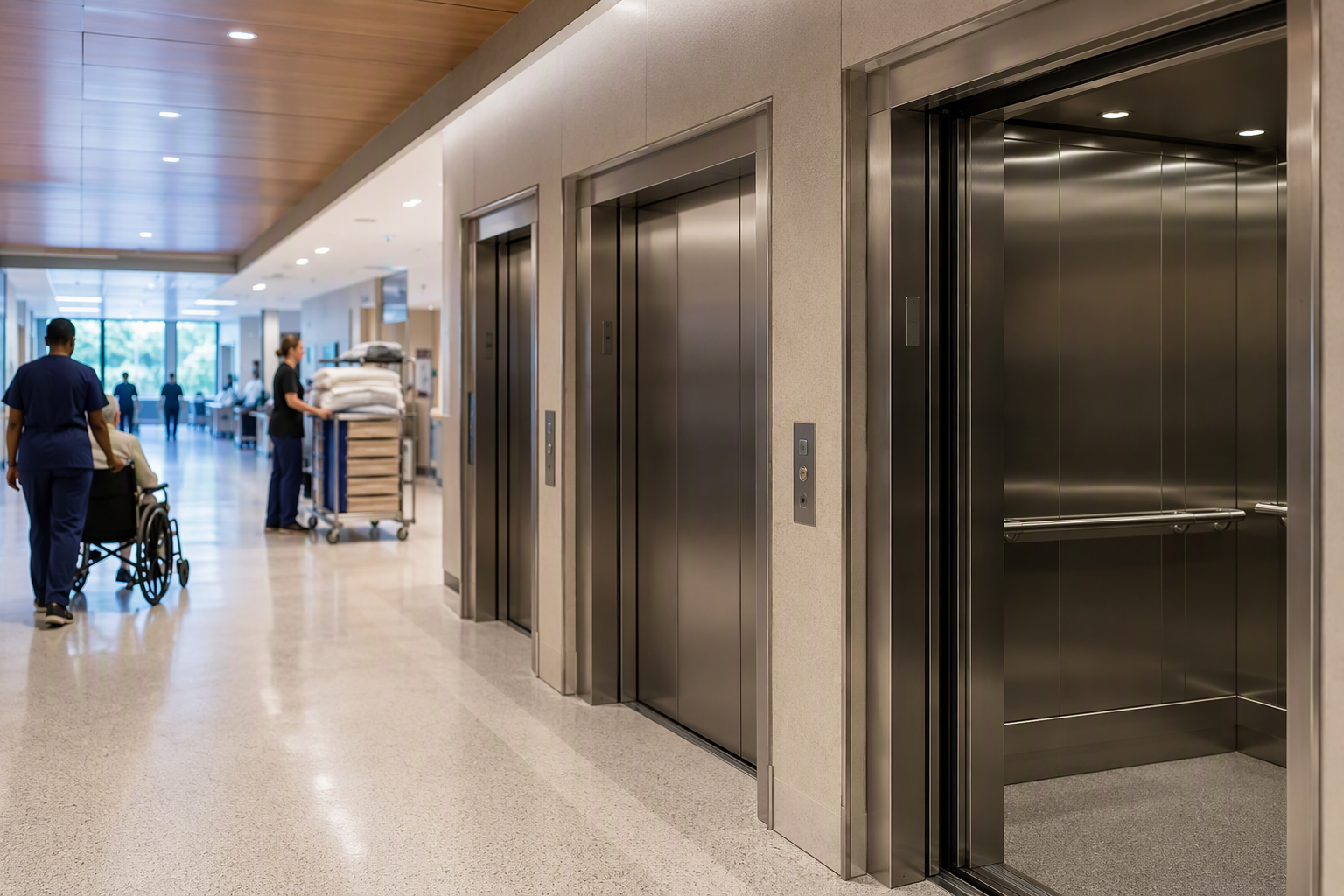 Hospital elevator bank in a South Carolina medical facility showing patient transport and wheelchair access, illustrating how healthcare facilities manage elevator downtime during maintenance
