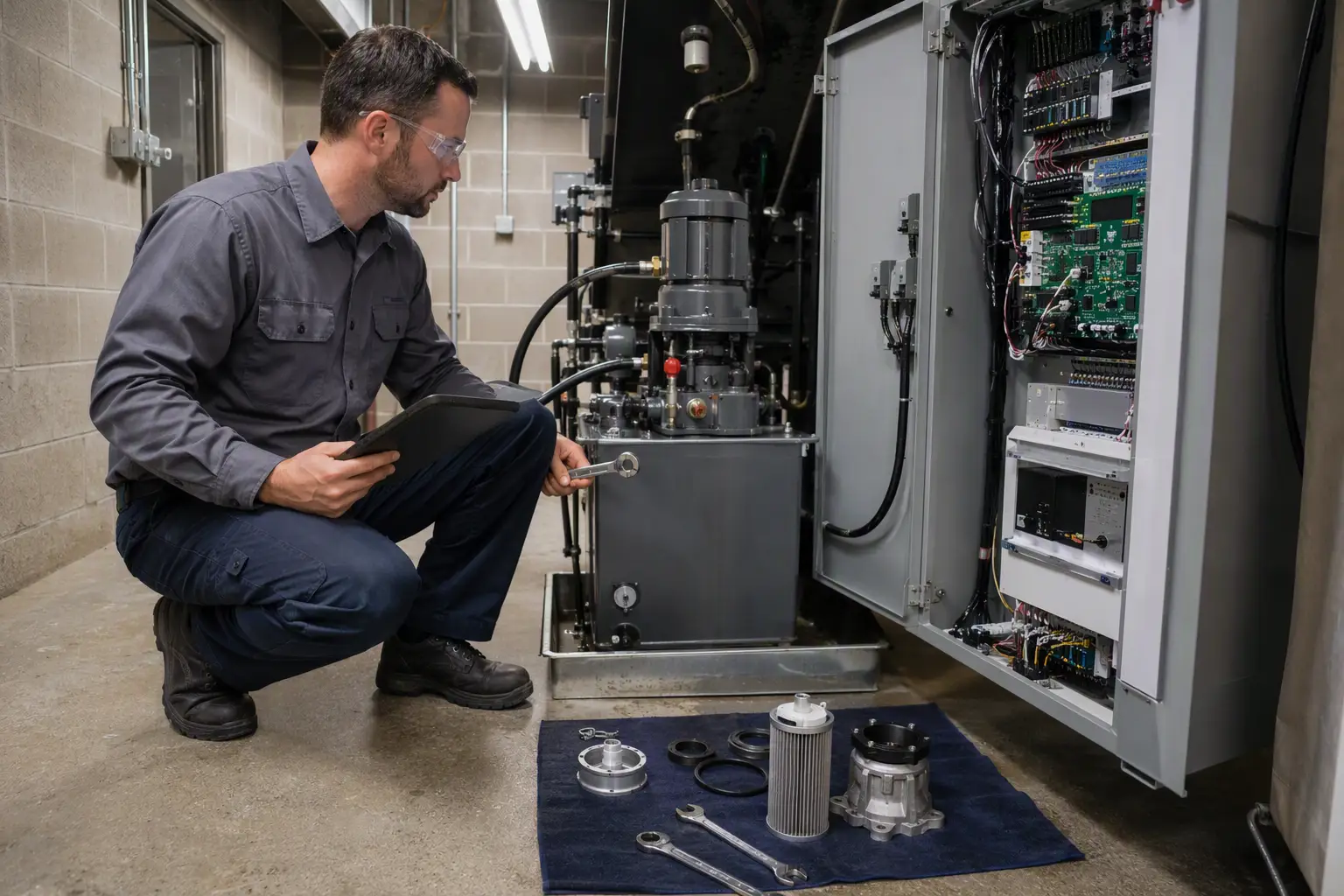 Elevator technician servicing a hydraulic power unit and controller in a commercial machine room, representing unplanned repair and capital replacement budget categories