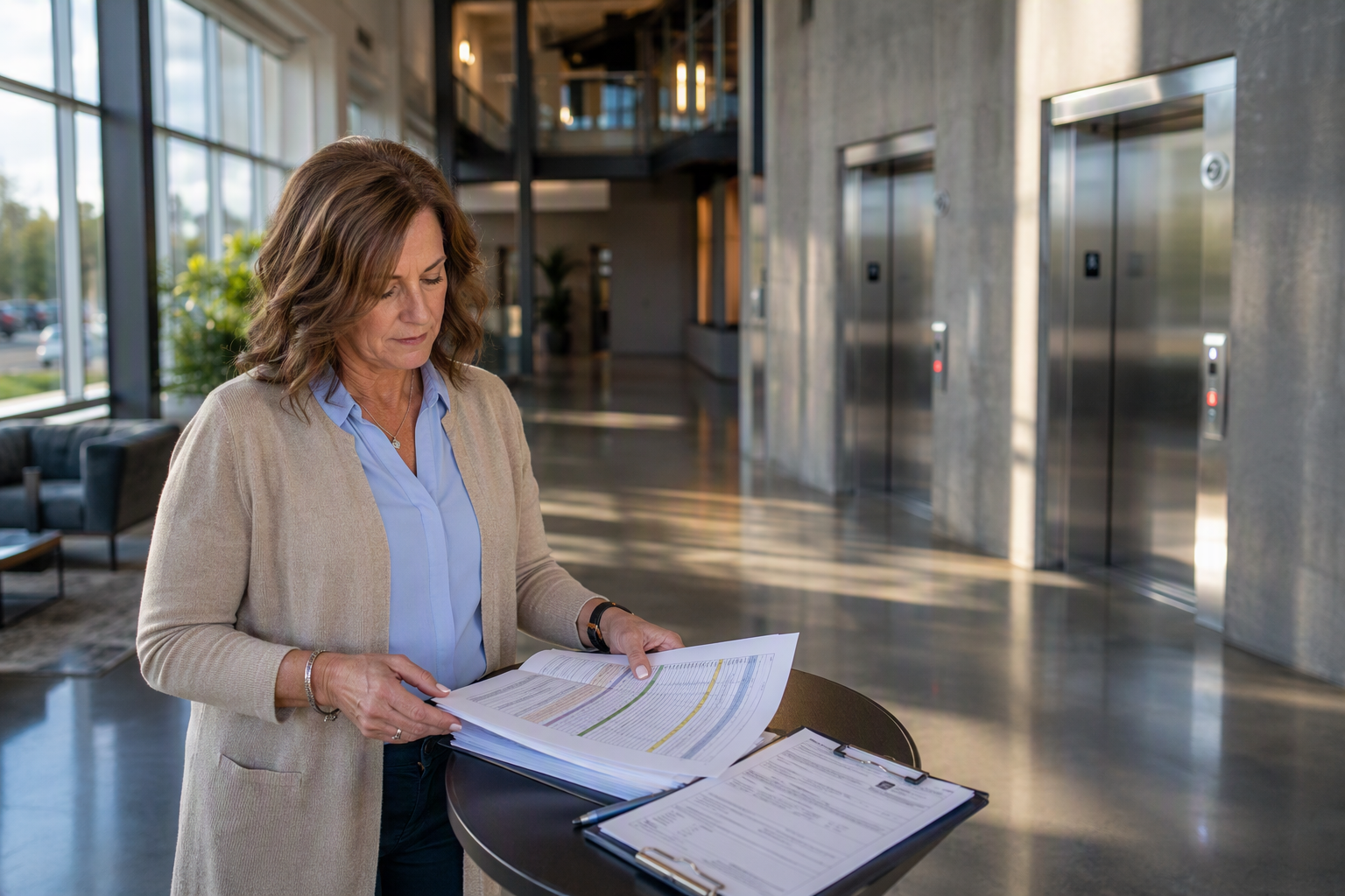 Facility director reviewing elevator maintenance budget spreadsheet in a Columbia SC office building lobby, planning fiscal year 2027 elevator costs
