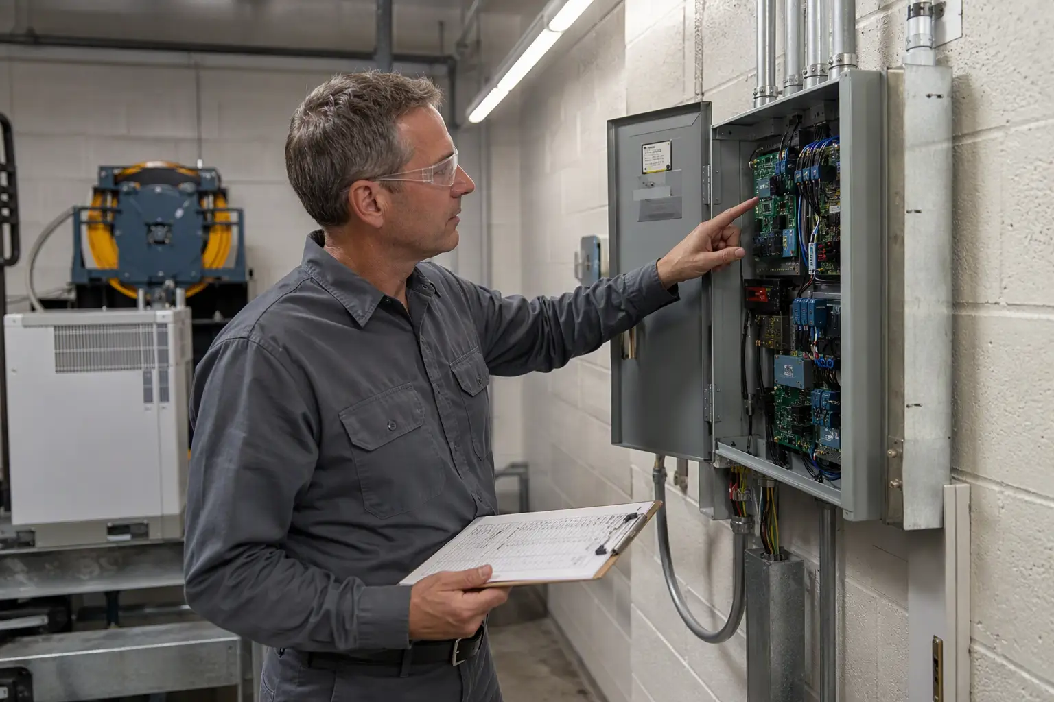 Elevator technician reviewing a scope-of-work checklist next to a controller panel in a commercial elevator machine room in South Carolina