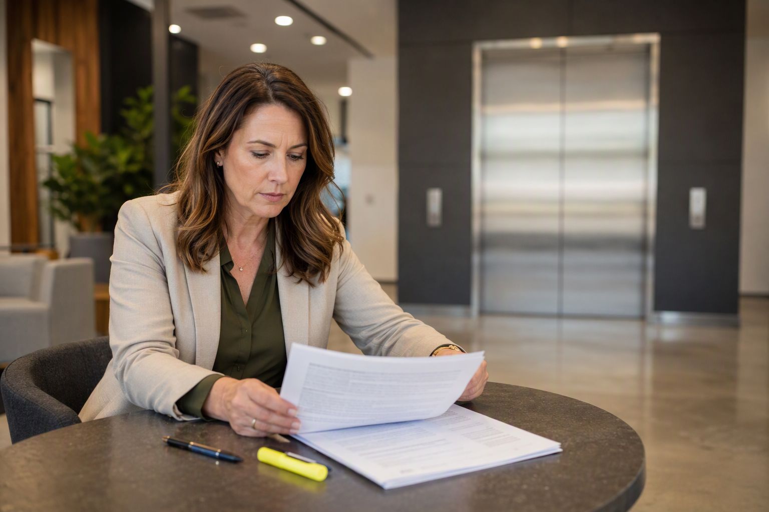 Building manager reviewing elevator maintenance contract terms at a lobby table with stainless steel elevator doors visible in the background in Columbia SC