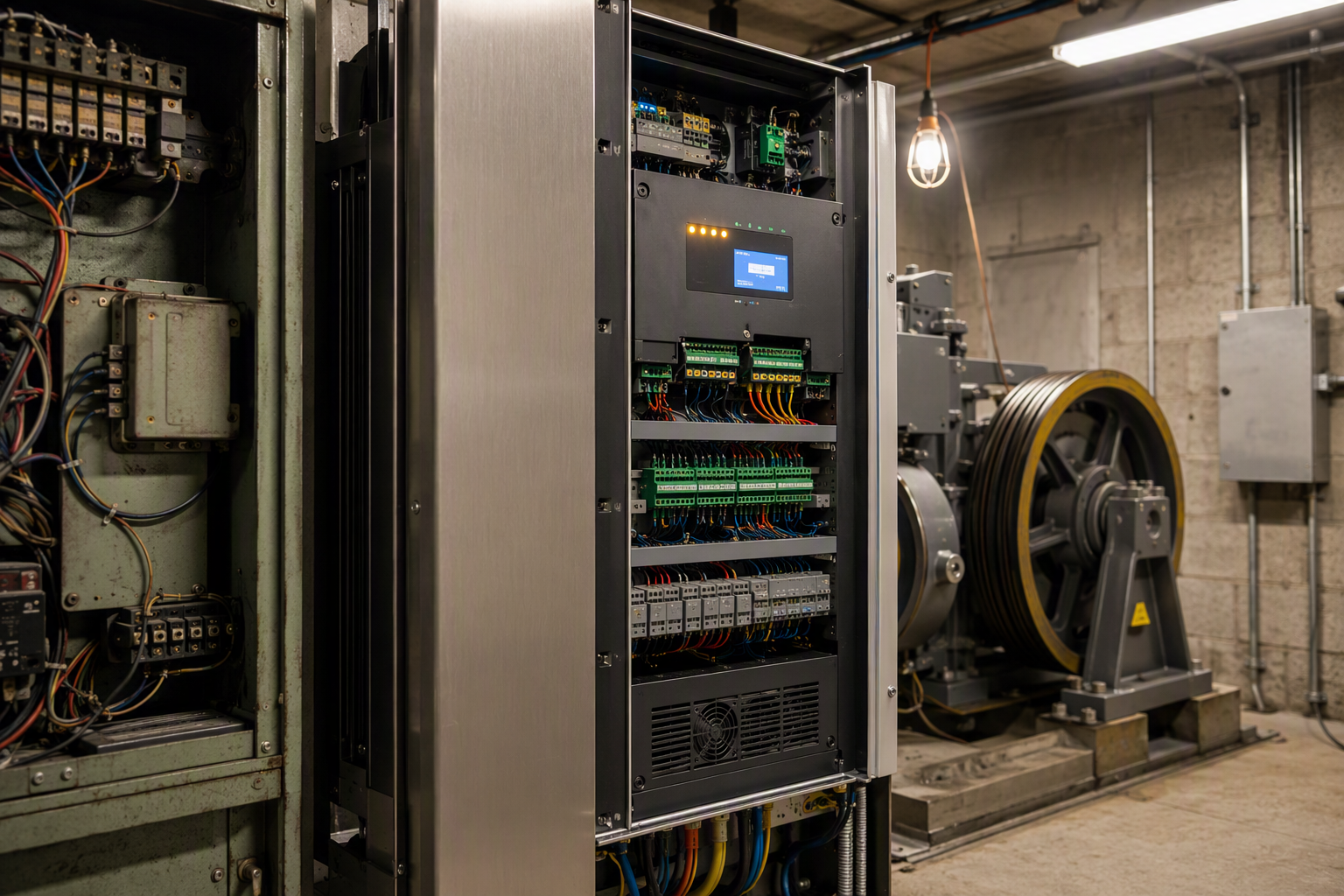 New VFD elevator controller installed beside legacy equipment in a mid-rise apartment machine room, a key cost driver in elevator modernization projects