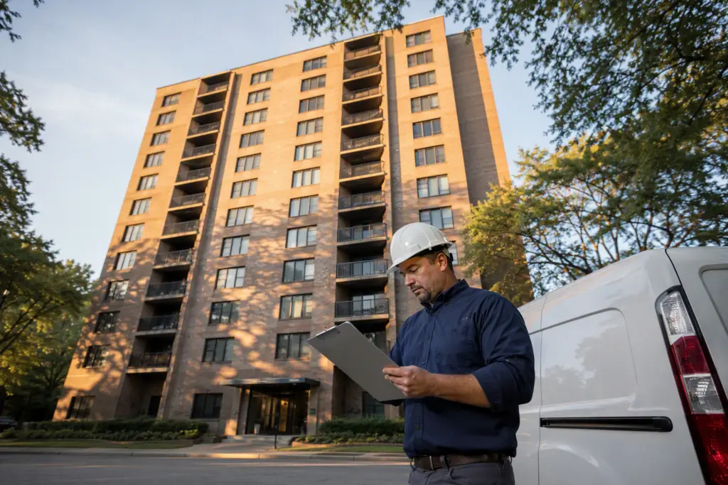 Licensed elevator technician reviewing modernization proposal outside a mid-rise apartment building in Columbia SC, illustrating elevator modernization cost planning