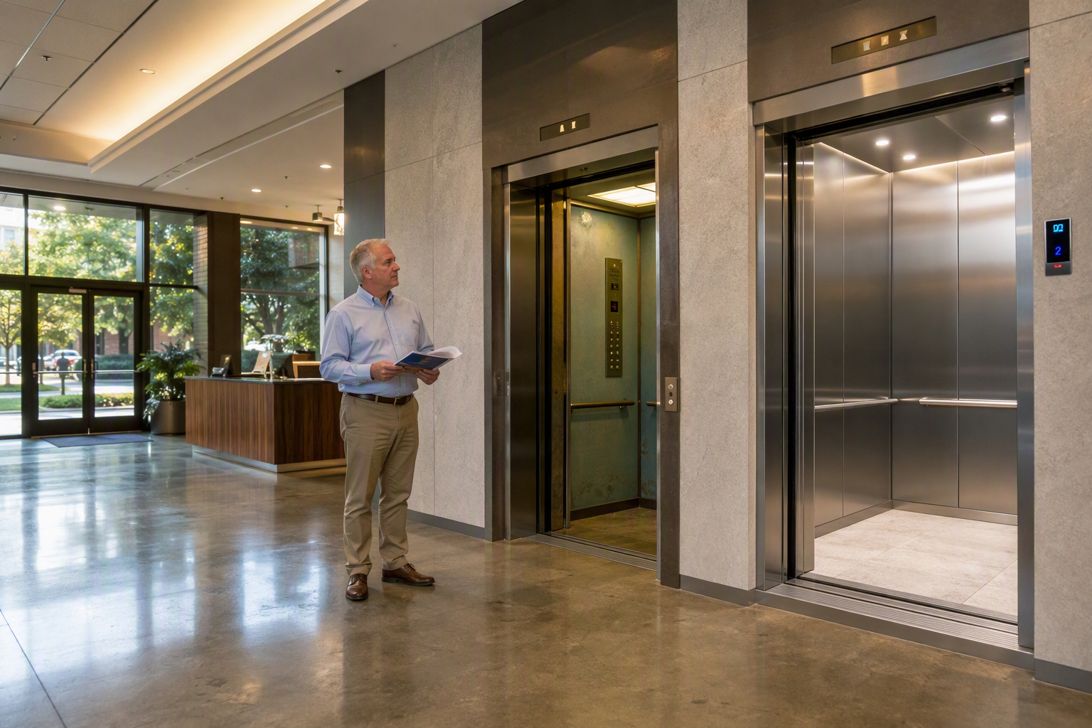 Aging vs. Modernized Elevator Cab Comparison Side-by-side comparison of an aging elevator cab and a modernized elevator cab in a Columbia SC office building lobby, illustrating elevator modernization ROI statistics