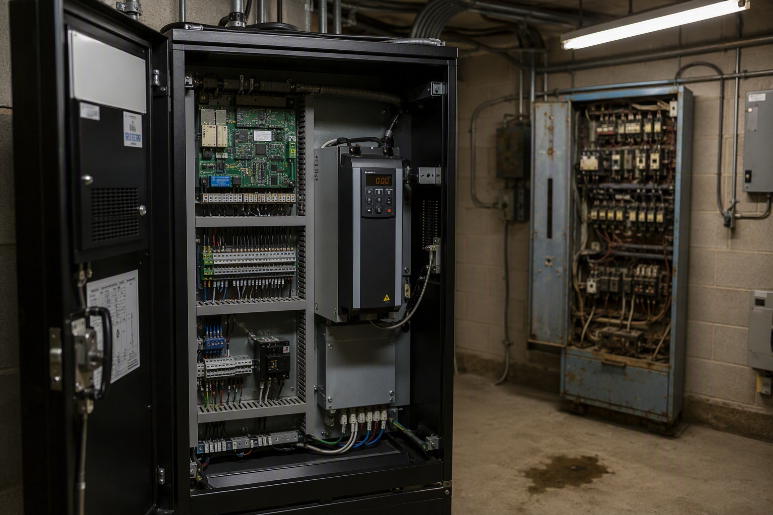 Modern VFD Controller vs. Aging Relay-Logic Panel Modern solid-state elevator controller with variable-frequency drive beside an aging relay-logic panel in a commercial machine room, a key driver of elevator modernization ROI