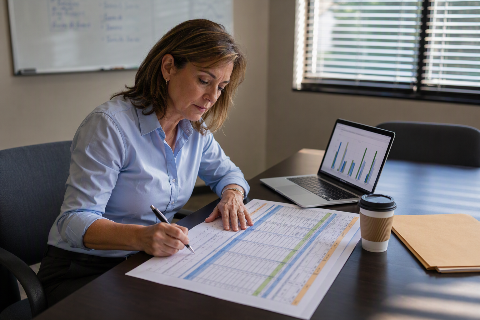 Property Manager Analyzing Modernization Cost Data Facility manager reviewing elevator modernization cost comparison spreadsheet and projected ROI statistics at a property management office in Columbia SC