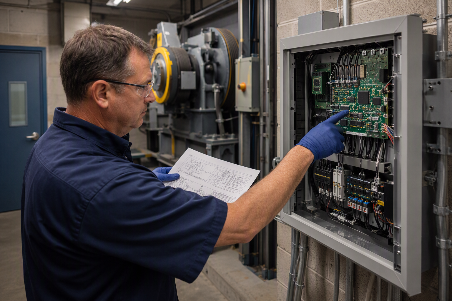 Elevator technician reviewing engineering drawings next to a new microprocessor controller cabinet in a commercial machine room during a modernization permit and installation phase