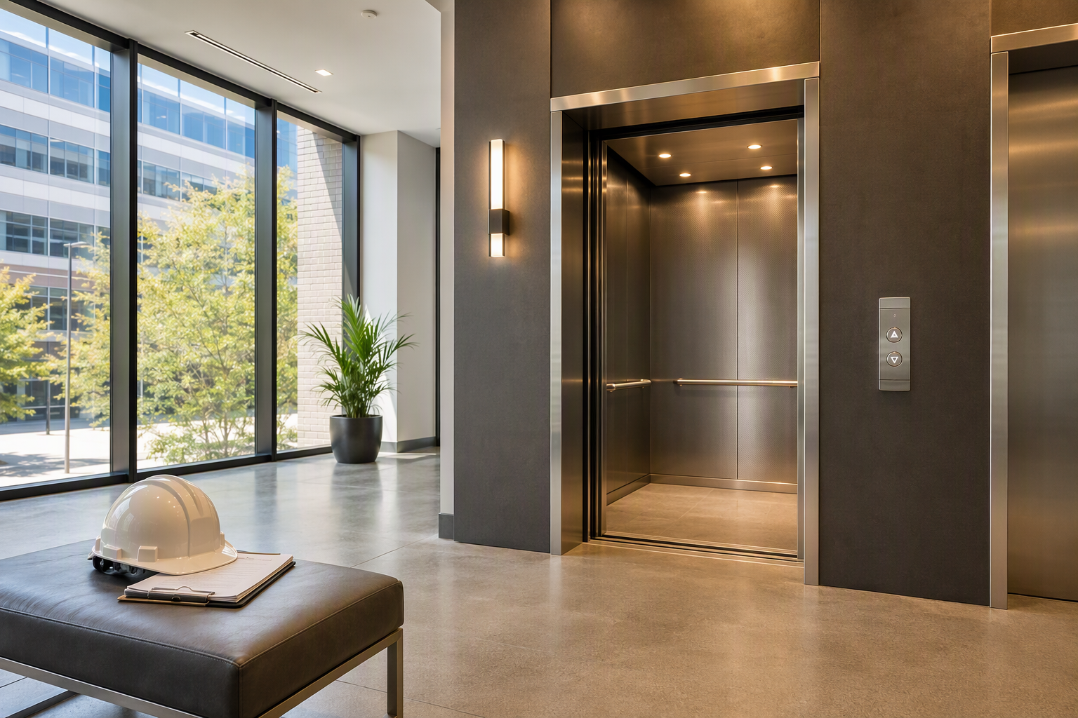 Freshly modernized commercial elevator cab with stainless-steel doors open in a Columbia SC mid-rise office building lobby, showing new LED lighting and digital floor indicator